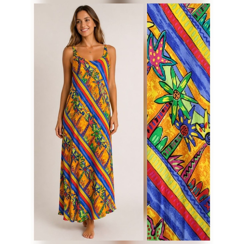 Vintage 90s Tropical Maxi Dress XL/16 Bright Statement Floral Rayon Maximalist